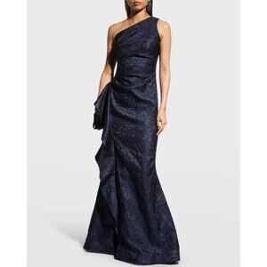 Rickie Freeman Teri Jon Navy One-Shoulder Jacquard Side-Ruffle Evening Gown 16